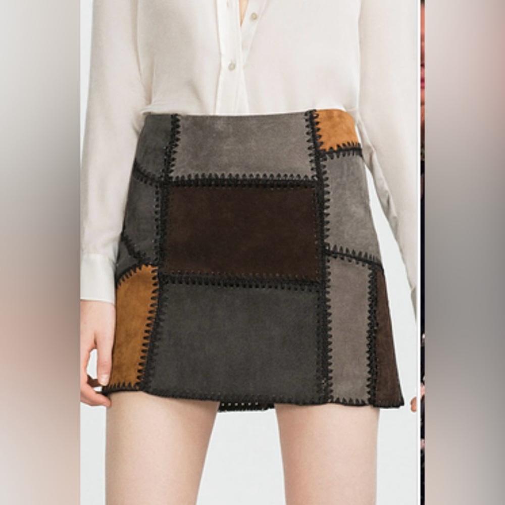Patchwork Suede Mini Skirt in Gray, Brown & Tan ASO Aria Montgomery PLL